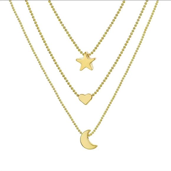 Cute Classy Celestial Trending Layered Necklace — Moon Star Heart - Picture 5 of 6